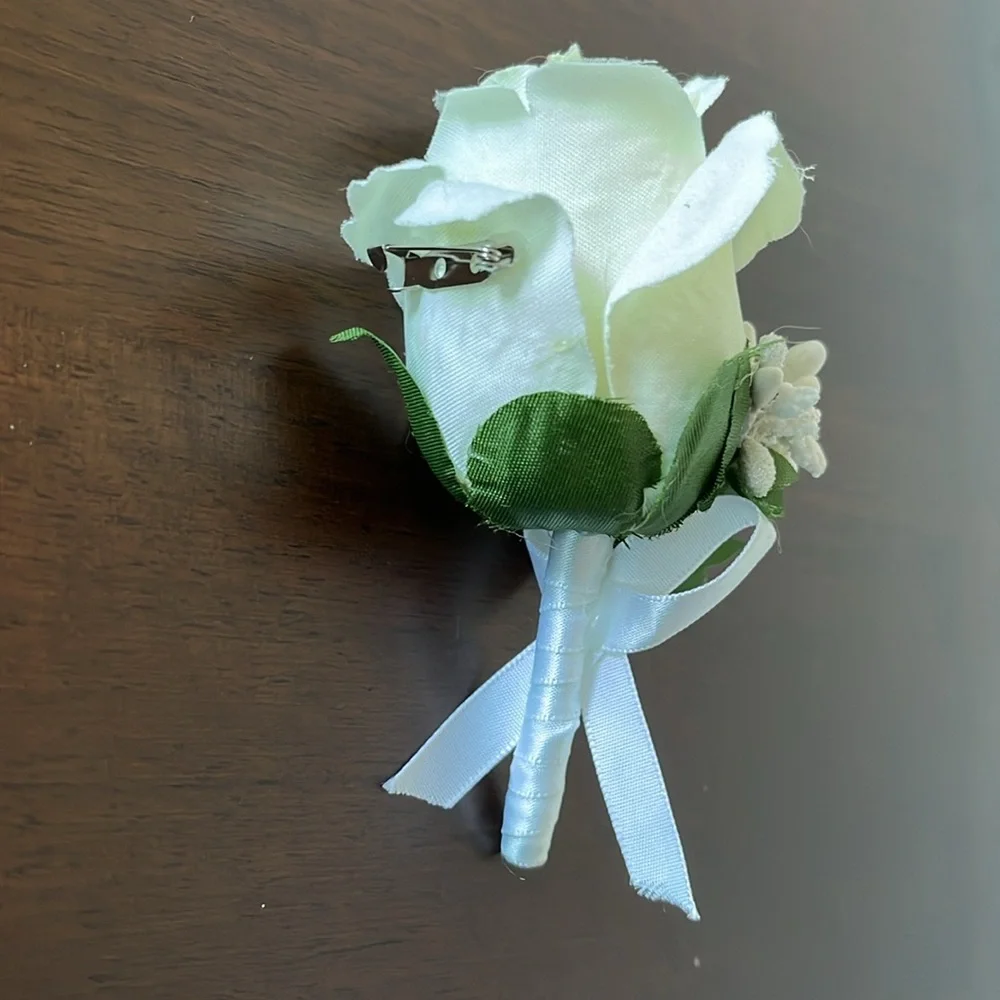 White Silk Like Rose Boutonniere - Wedding‎ Dance Boutonniere Prom